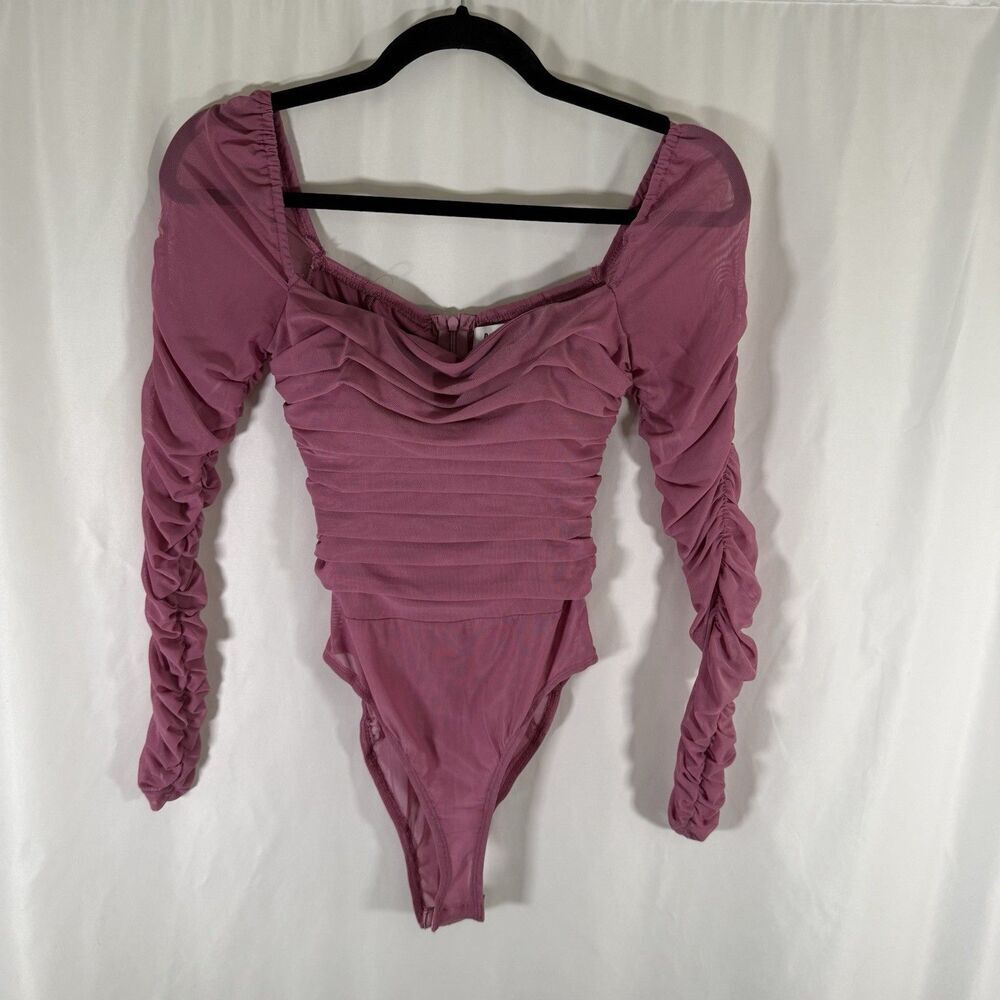 Princess Polly Bodysuit Women's 4 Pink Mesh Ruched Square Neck Long Sleeve